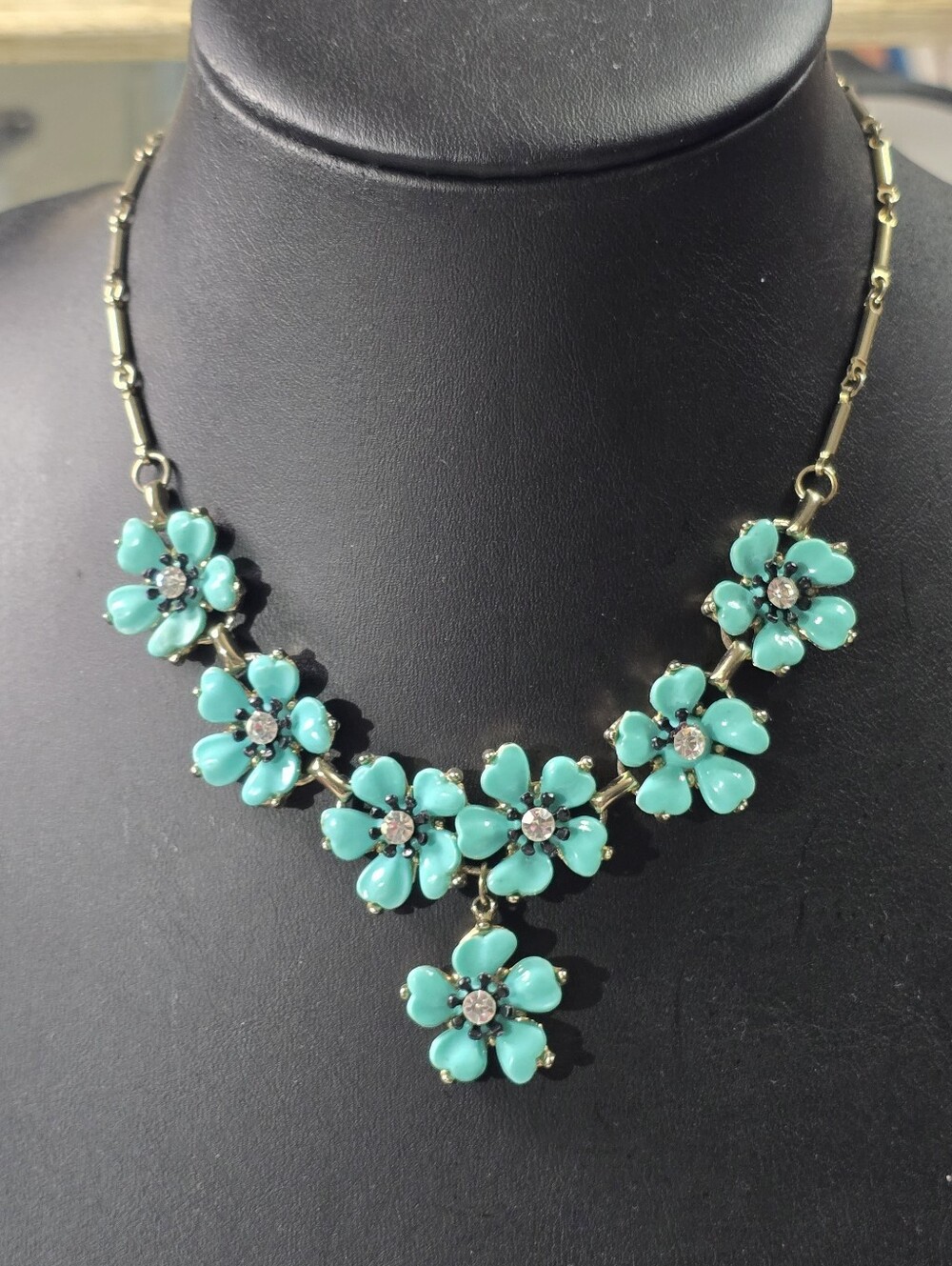 Vintage Floral Turquoise  Enamel & Crystal Chocker Statement Necklace